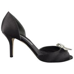 OSCAR DE LA RENTA Size 6.5 Black Silk Silver Crystal Bow D'Orsay Pumps 12