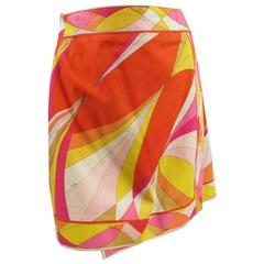 Vintage EMILIO PUCCI XS Orange Pink & Yellow Print Cotton Mini Wrap Skirt