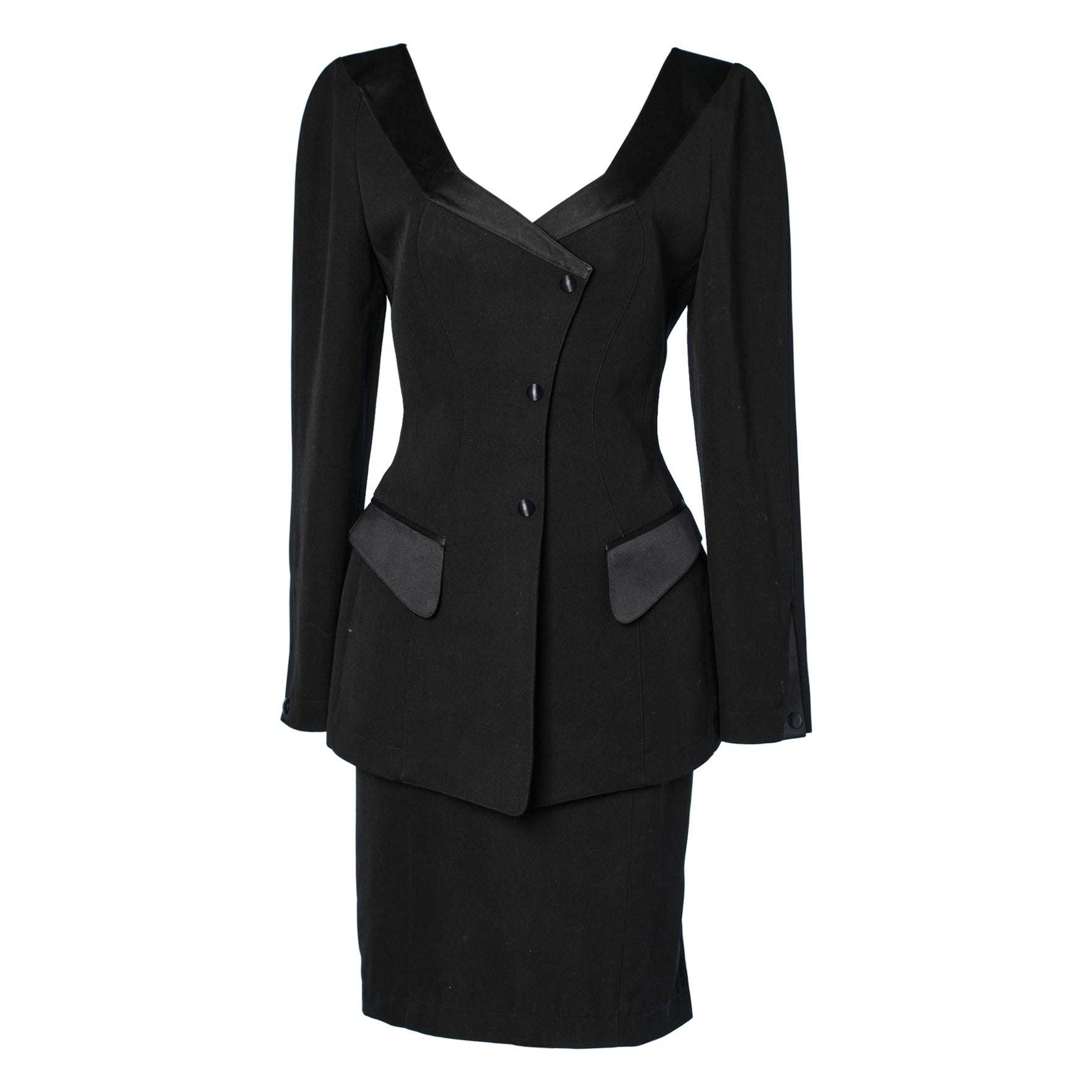 Black wool skirt-suit with black satin details Thierry Mugler  For Sale