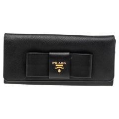Prada Black Saffiano Leather Bow Continental Wallet