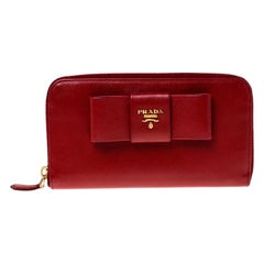 Prada Red Saffiano Leather Bow Zip Around Wallet