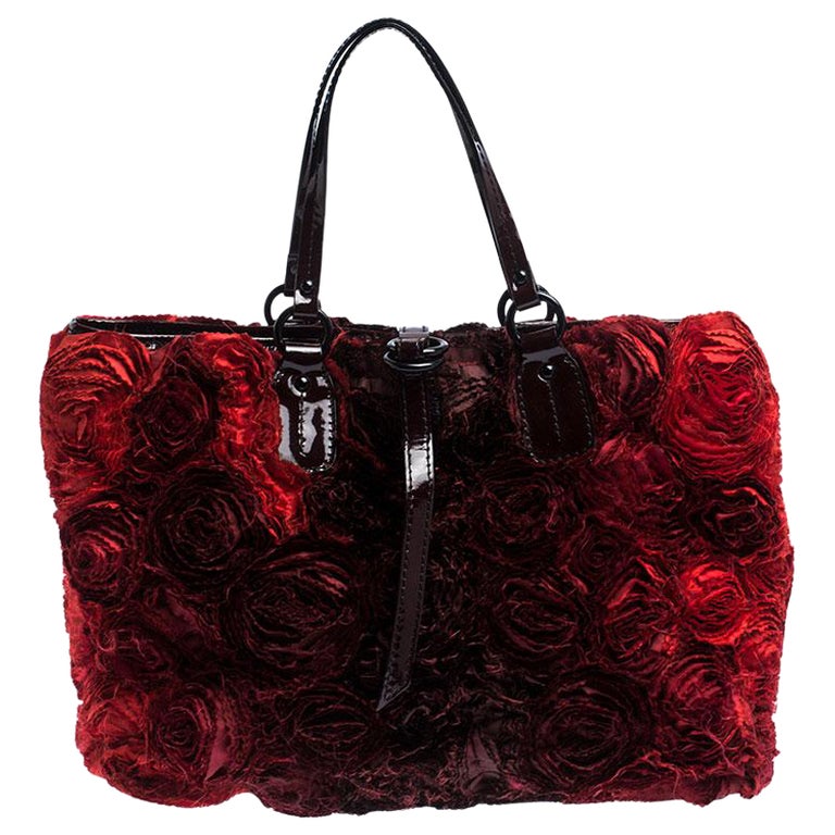 Valentino Red Floral Applique Satin and Patent Leather Shopper Tote For  Sale at 1stDibs