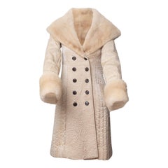 Catherine Malandrino Cream Duchesse Satin Fur-Trimmed Coat