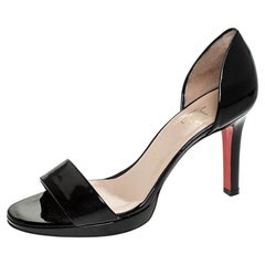 Used Christian Louboutin Black Patent Leather D'orsay Open Toe Sandals Size 37.5