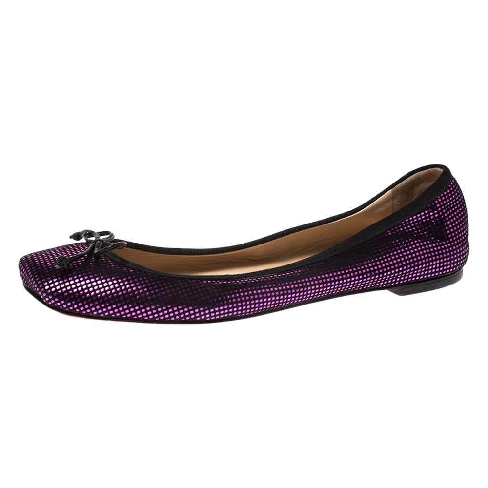 Christian Louboutin Black/Metallic Pink Suede Rosella Bow Ballet Flats Size 37.5 For Sale