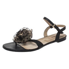 Valentino Black Leather And Beige Organza Rose Ankle Sandals Size 40.5