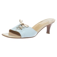 Chanel Powder Blue Leather Lace Bow And CC Embellished Slide Sandals Size 39