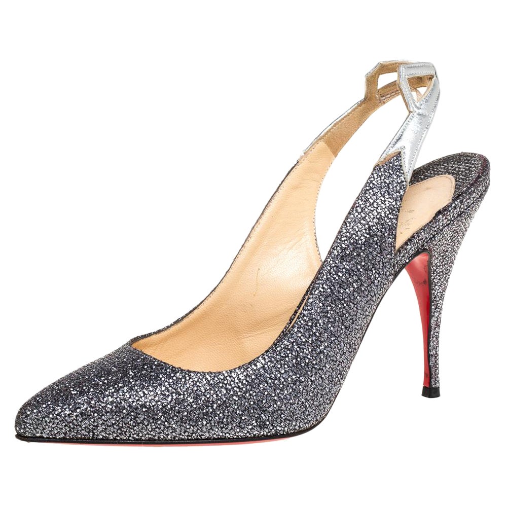 Christian Louboutin Metallic Grey Coarse Glitter Back2 Slingback Sandals Size 38