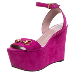 Gucci Pink Suede Horsebit Platform Ankle Strap Wedge Sandals Size 36.5