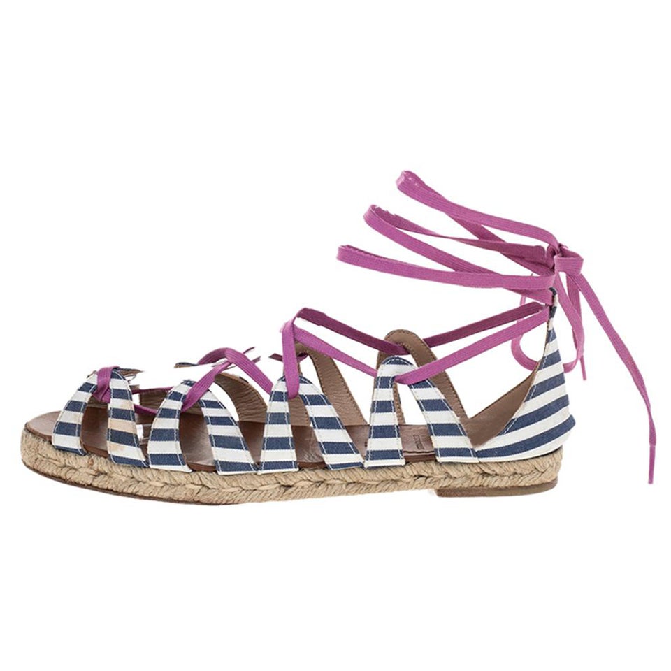 Christian Louboutin Multicolor Fabric Espadrille Ankle Wrap Flat Sandals Size 36 For Sale