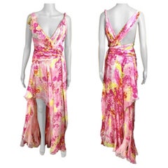 Versace S/S 2004 Runway Floral Plunged Neckline Open Back Evening Dress Gown