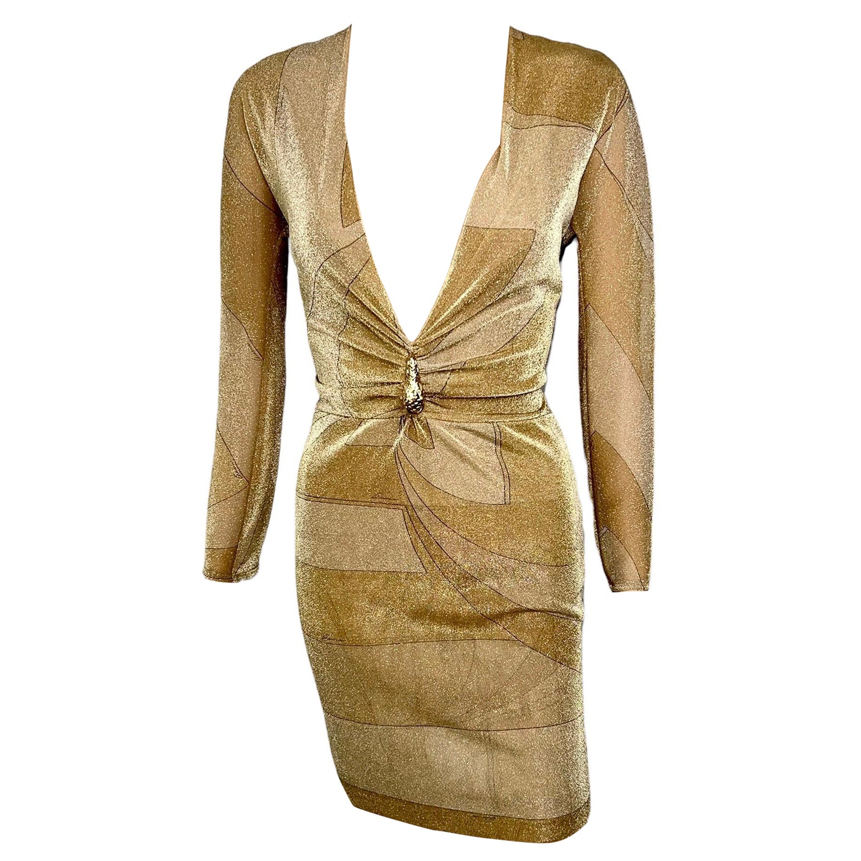 Tom Ford for Gucci F/W 2000 Runway Plunged Neckline Metallic Knit Mini Dress For Sale