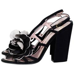 CHANEL Silk Camellia Flower Cc Logo Black Sandals