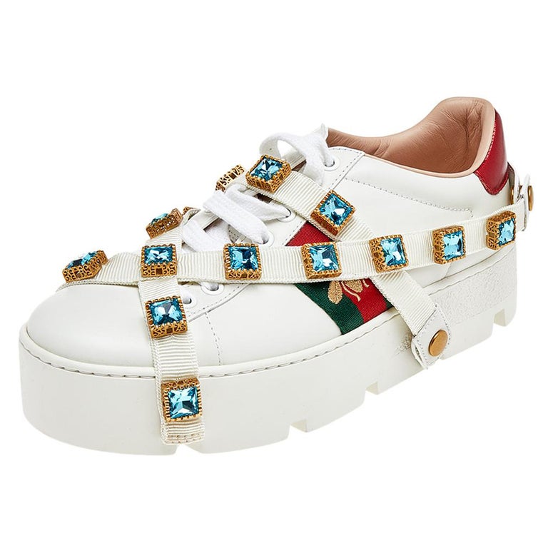 Gucci White Leather And Canvas Ace Bee Crystal Embellished Sneakers Size 37  at 1stDibs | gucci ace platform sneakers with crystals, gucci bee platform  sneakers, gucci diamante sneakers