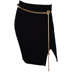Vintage 1990s Tadashi Shoji Sexy Black Jersey Bodycon Jersey Skirt w/ Gold Chain