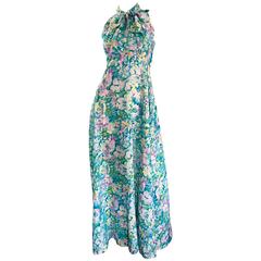 Beautiful 1970s Vintage Watercolor Flower Power Silk Maxi Dress w/ Pussycat Bow