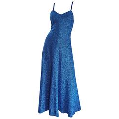 1970s Electric Blue Metallic Vintage Sleeveless Disco Maxi Dress / Gown