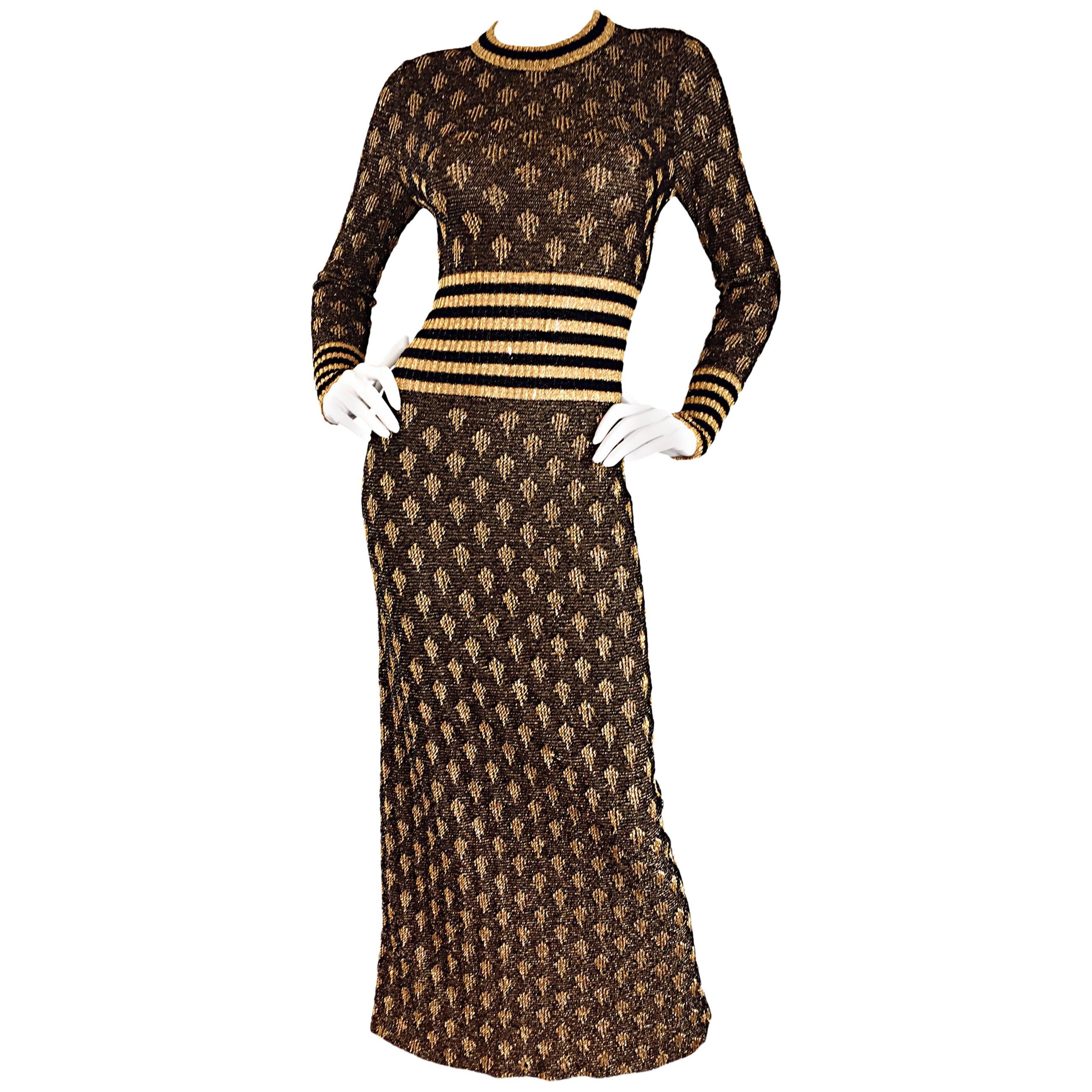 1970s Black and Gold Metallic Knit Lurex Batik + Stripe Print Maxi Sweater Dress
