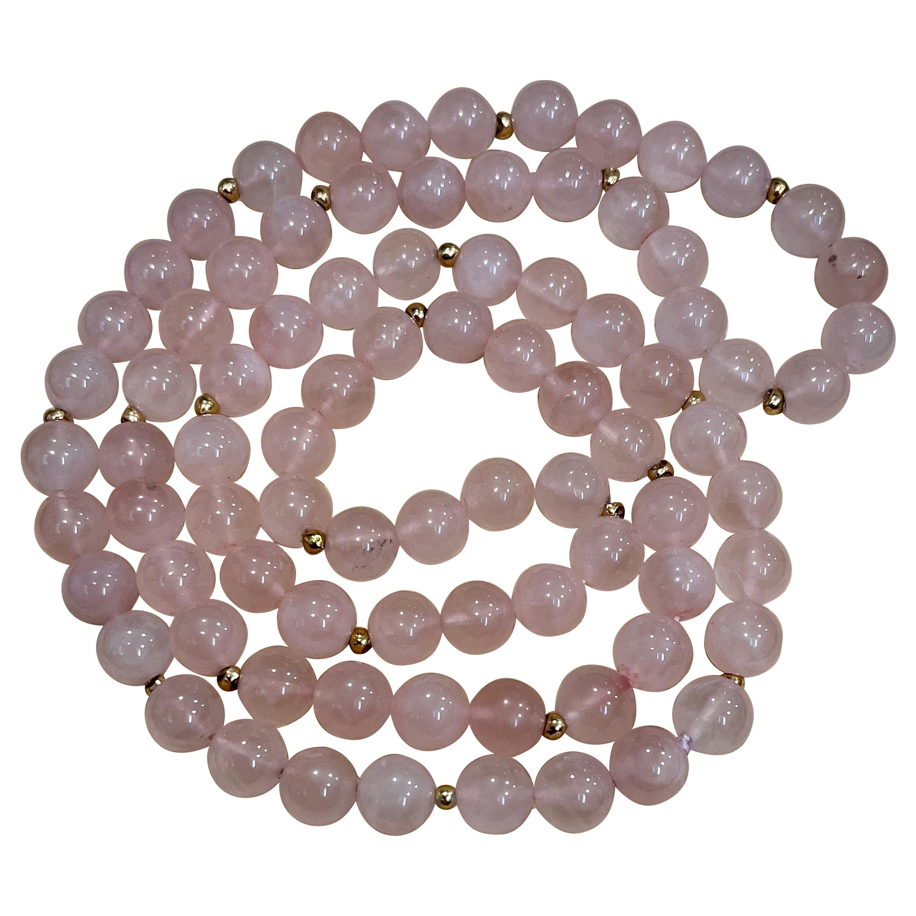 Grade A+ Rose Quartz Crystal Bead Necklace 8.5 mm, With 14 K Gold Beads, Genuine For Sale