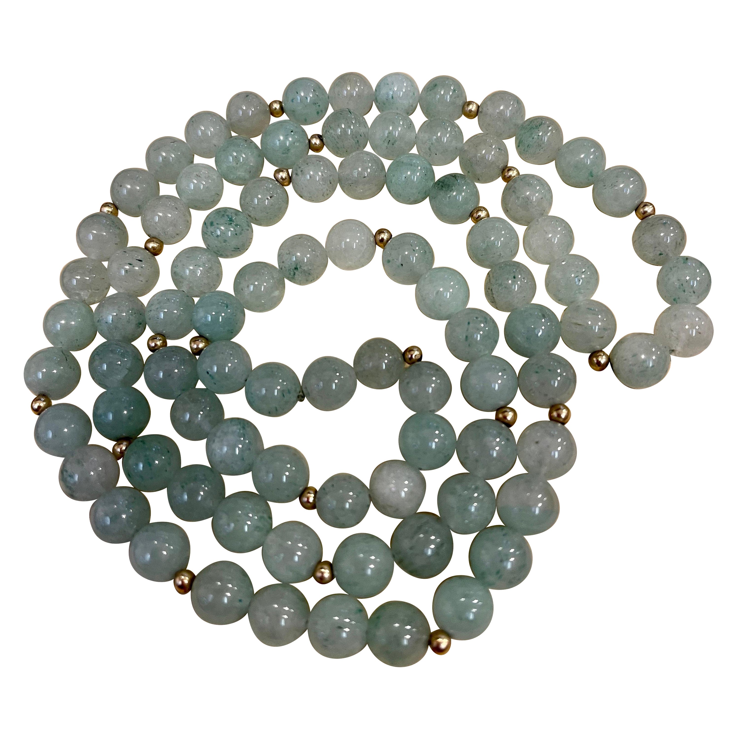Collier de perles en cristal de quartz vert de qualité A+ de 8,5 mm avec perles en or 14 carats, véritable en vente