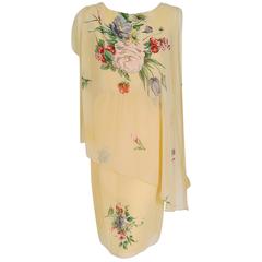 Vintage 1970's Hanae Mori Watercolor Yellow Floral Silk-Chiffon Asymmetric Draped Dress