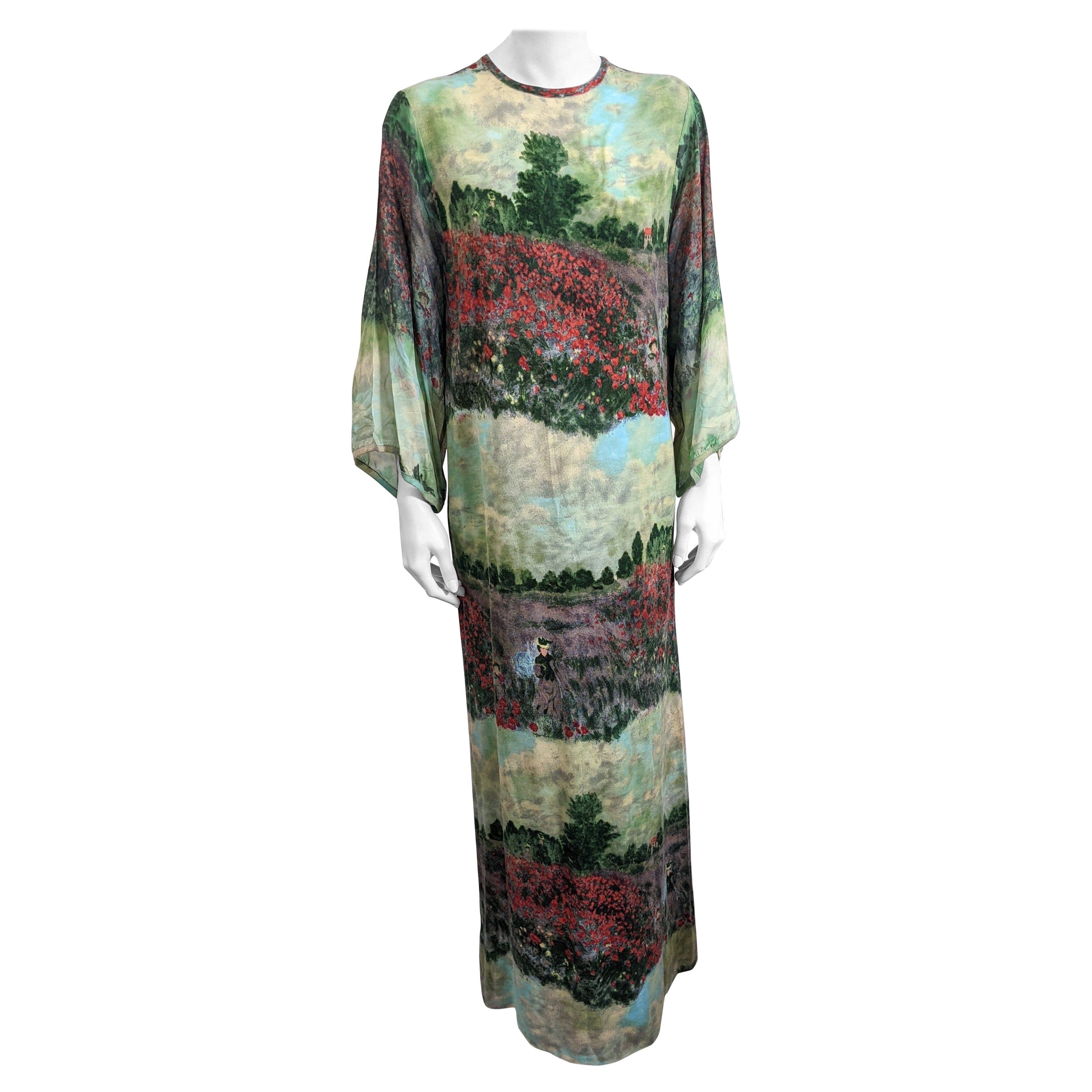 Goldworm Wool Jersey and Chiffon Monet Printed Gown For Sale