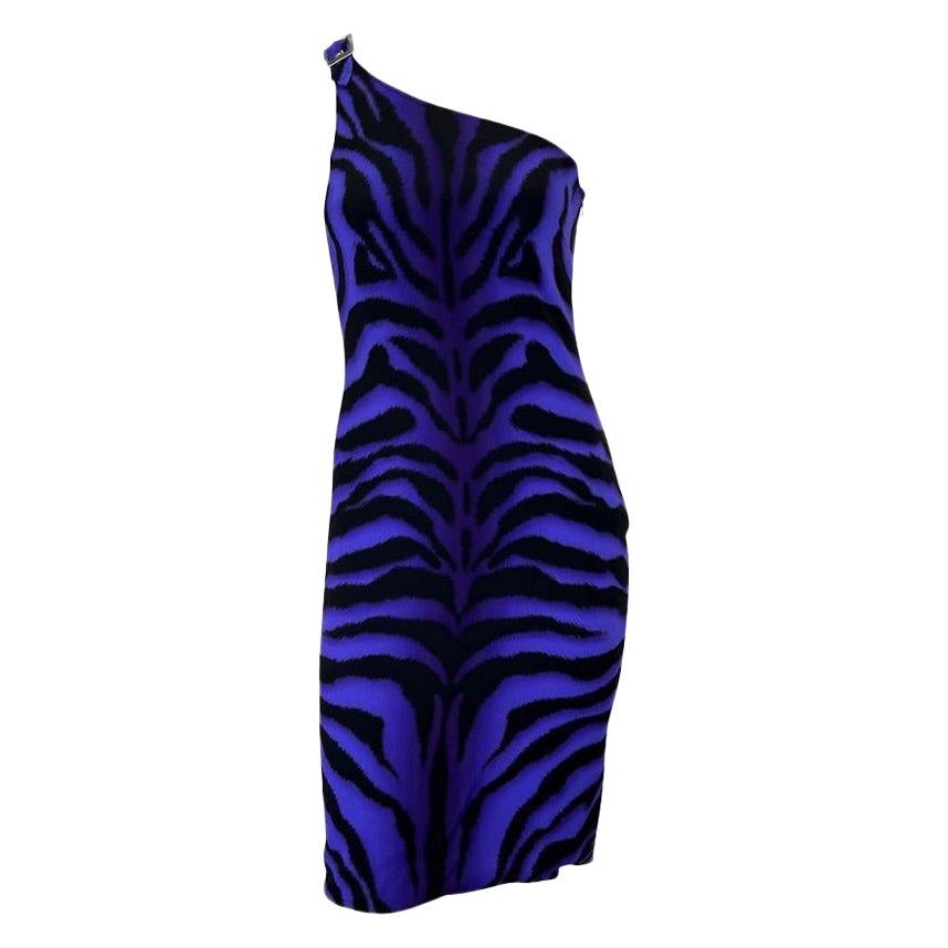 F/W 2004 Versace by Donatella Versace Lila Tiger Ein-Schulter-Schnalle-Kleid  im Angebot