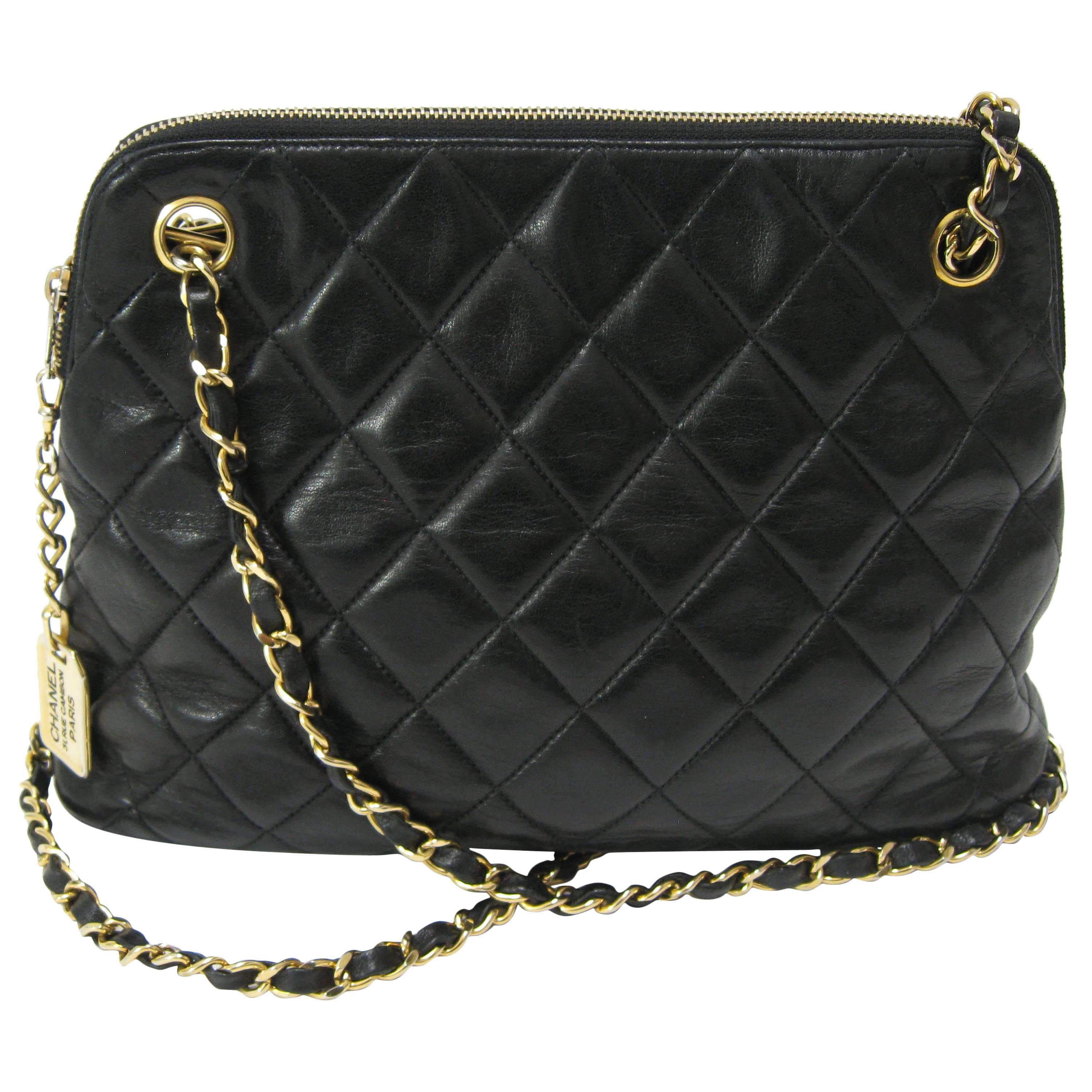Chanel Black Quilted Medium Lambskin Leather Chain Handbag Purse