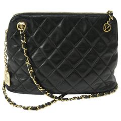 Chanel Black Quilted Medium Lambskin Leather Chain Handbag Purse
