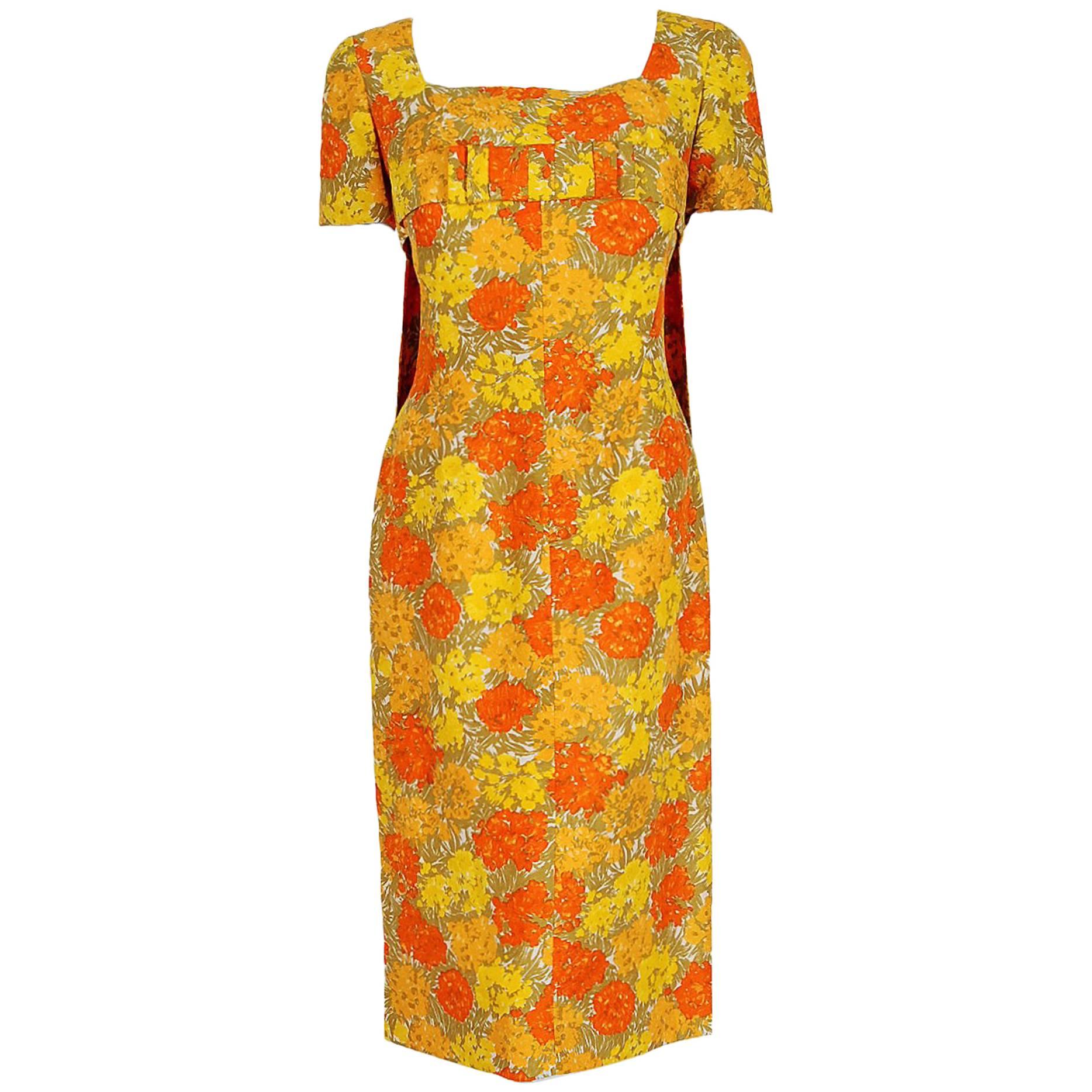 1950
s Howard Greer Yellow 
Orange Floral Silk Carwash-Train Cocktail Dress