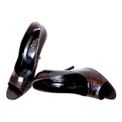 NEW Gucci Exotic Chocolate Brown Skin High Heel Peep Toes Sandals 37.5