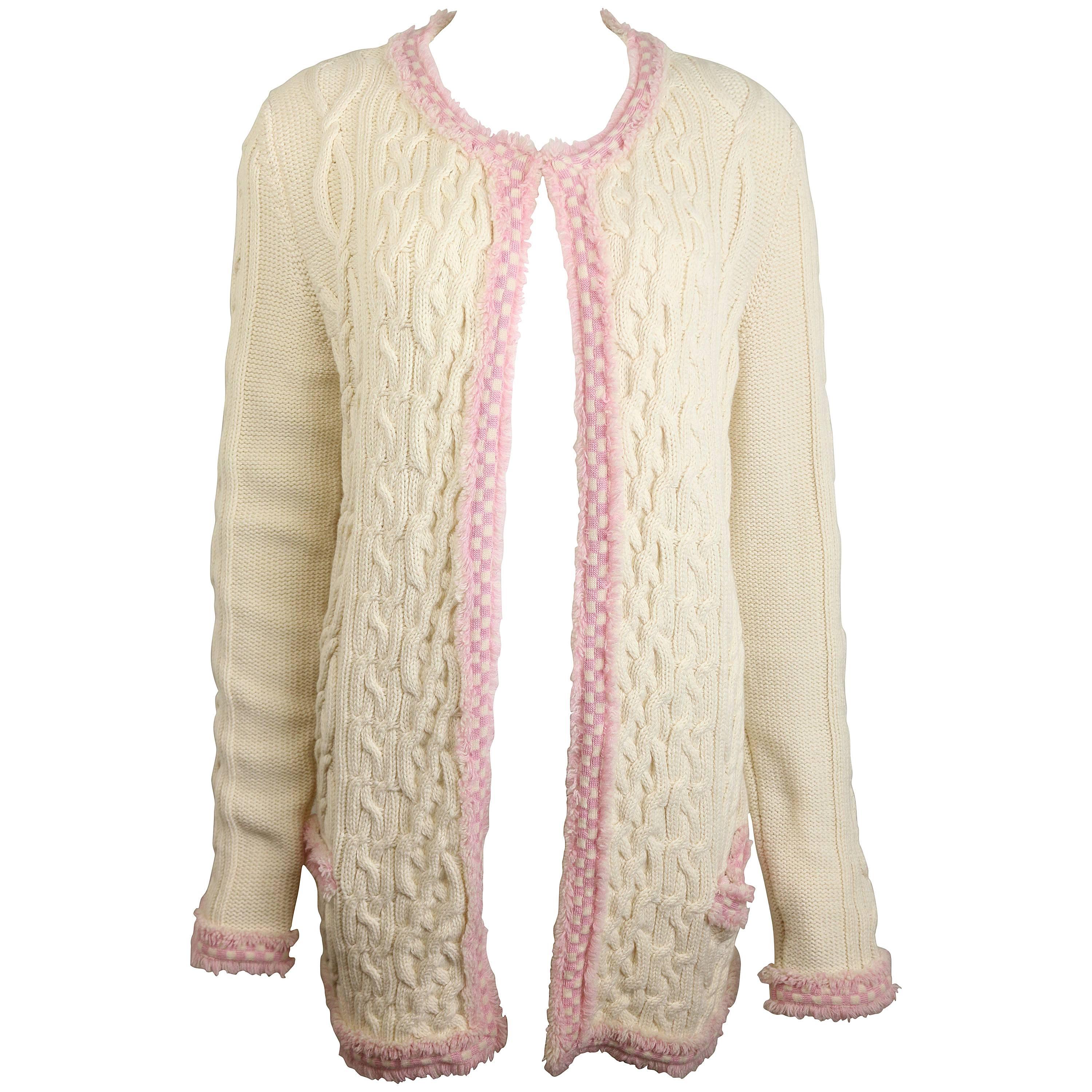Chanel White Pink Fringe Trim Knitted Pattern Cardigan Sweater  For Sale