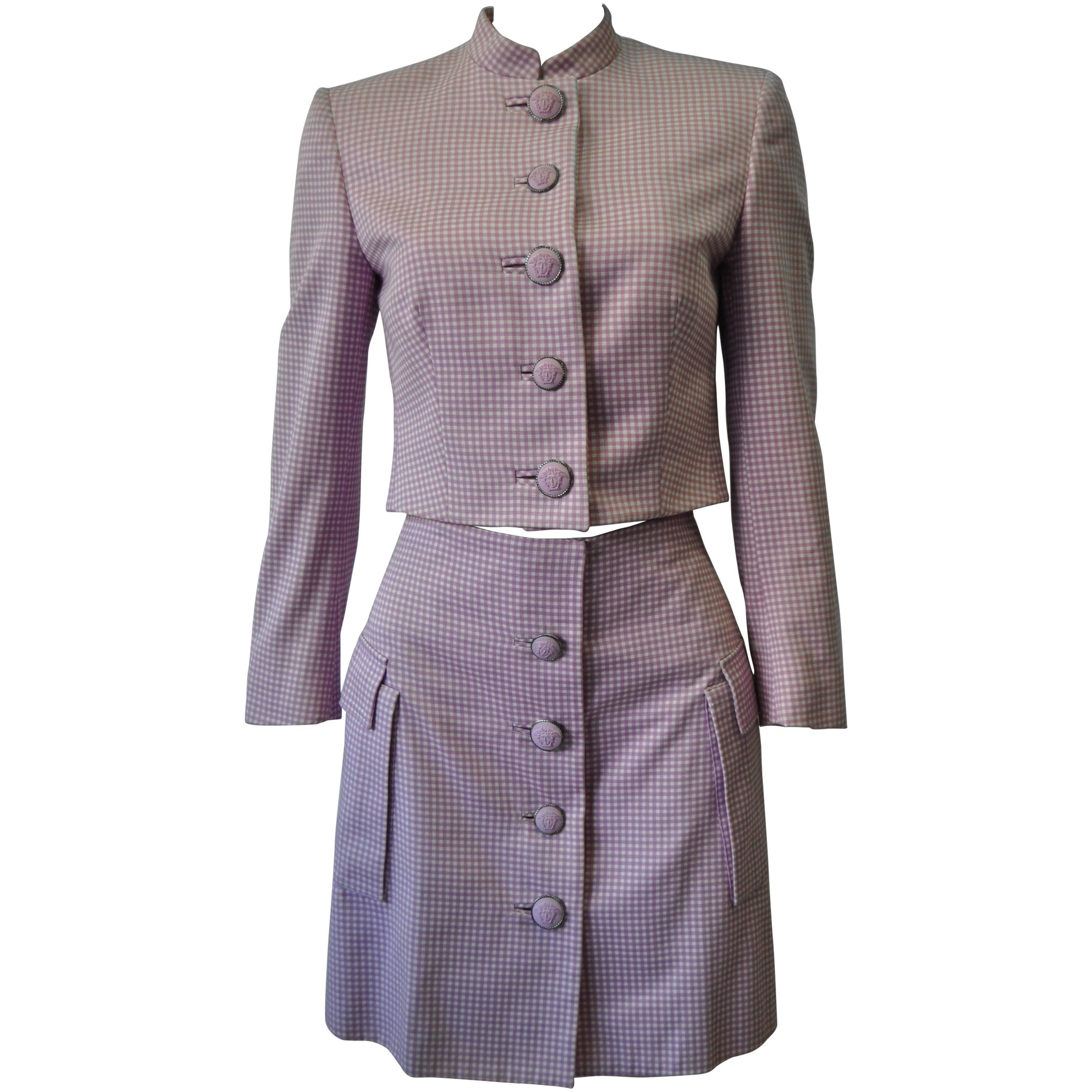 Exceptional Gianni Versace Couture Check Skirt Suit featuring Medusa Buttons For Sale