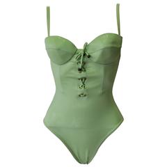 Unique Gianni Versace Istante Mint Green Shimmery Lace-Up Bustier Swimsuit