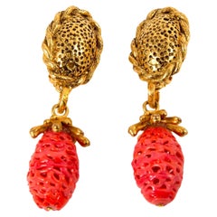 Yves Saint Laurent YSL Red and Gold Tone Pair of Clip On Earrings