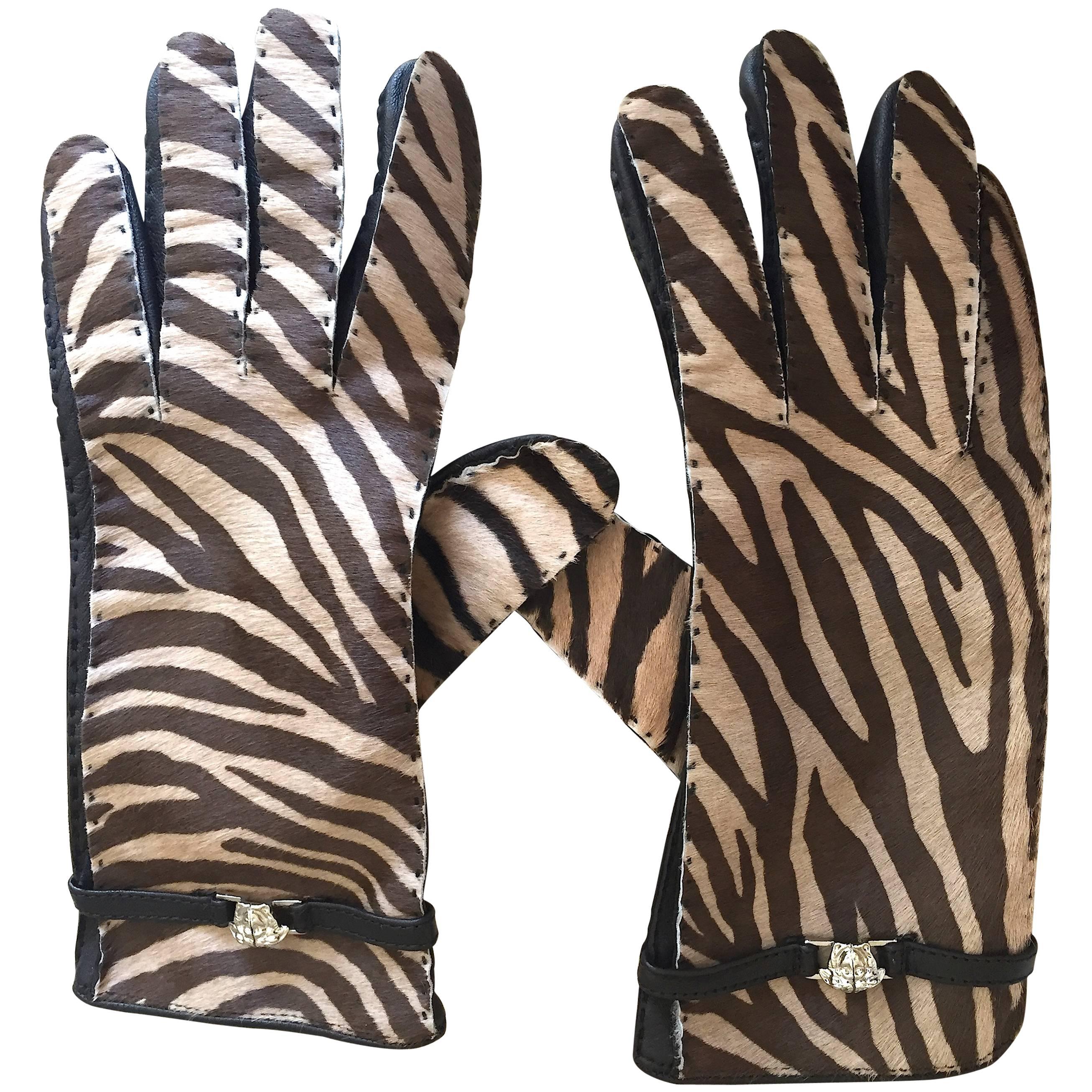 Gianni Versace 1980's Zebra Print Pony Hair Gloves For Sale