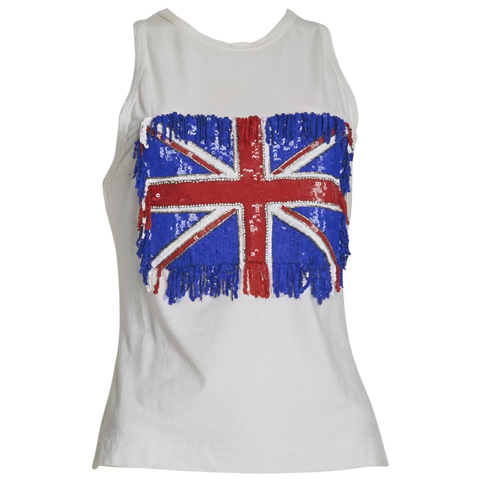 Funky Dolce and Gabbana Sequinned Union Jack White Tank Top Size 8  For Sale
