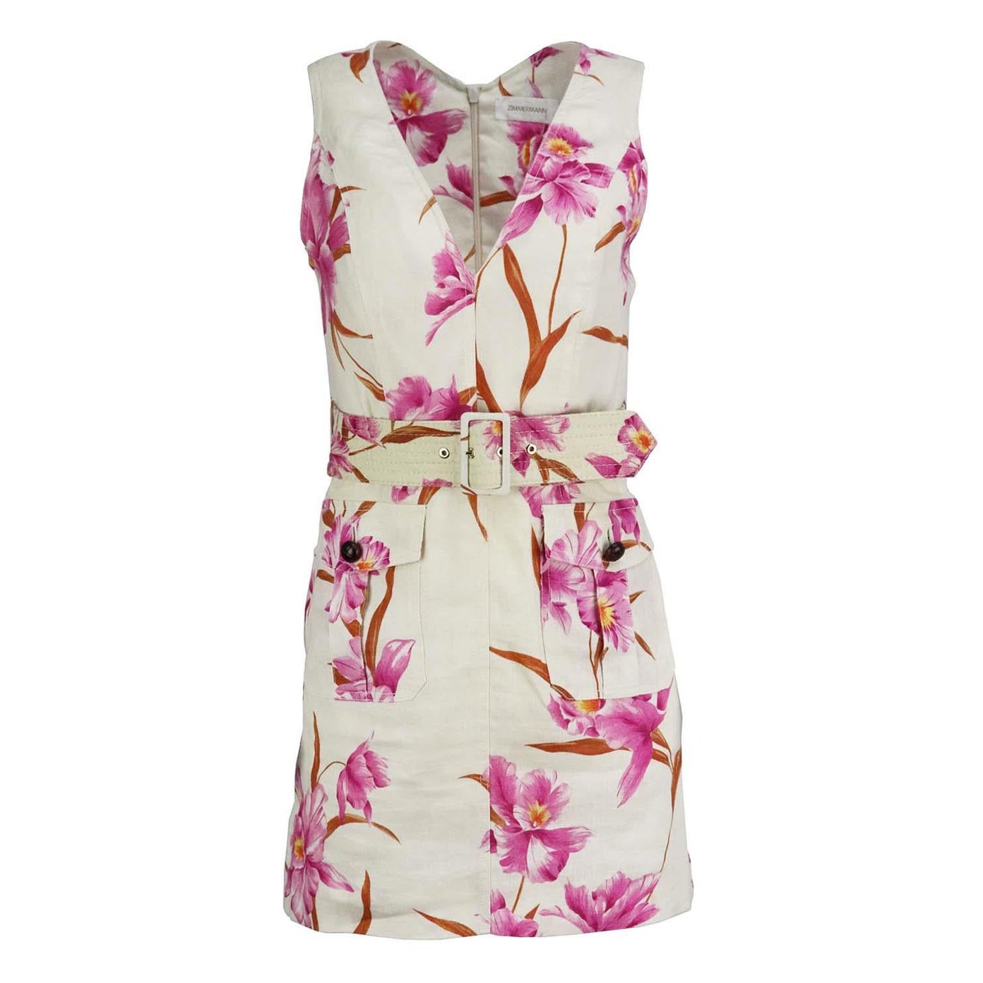 Zimmermann Belted Floral Print Linen Mini Dress UK 10 