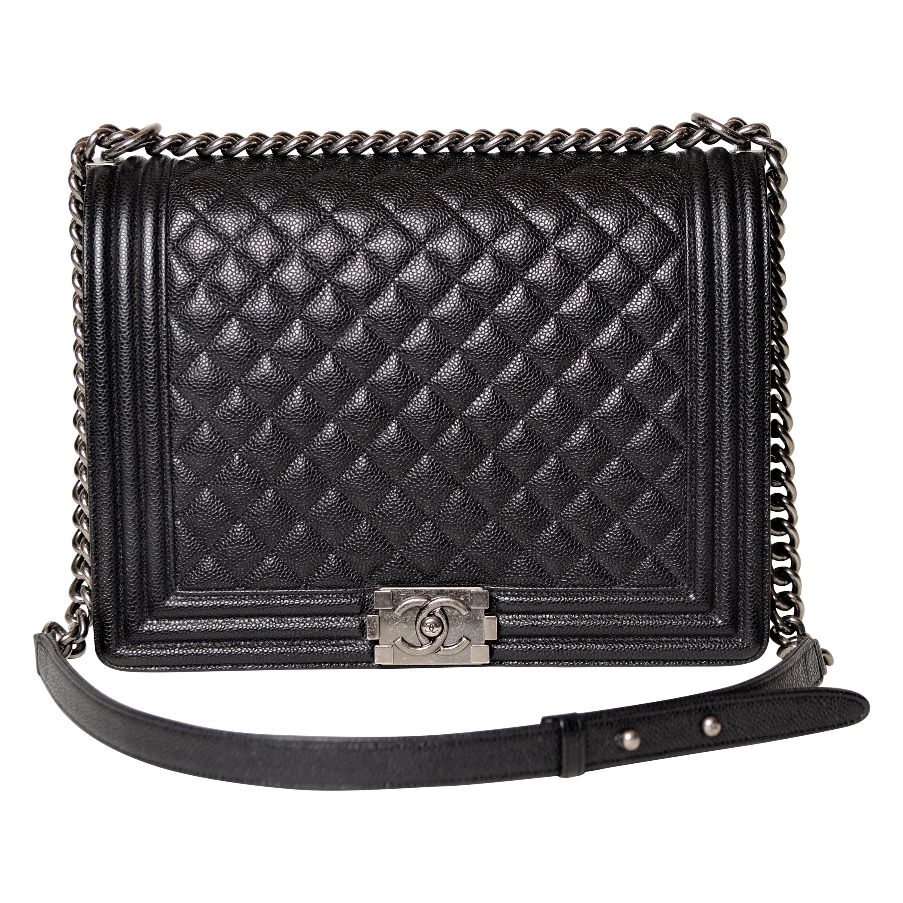 Chanel Boy Bag Black Large Quilted Caviar Leather 