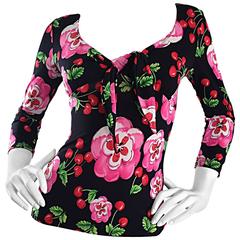 Amazing 1990s Jus D' Orange French Cherry Print Long Sleeve Vintage Jersey Top 4