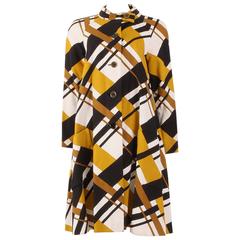 Vintage 1960's Mustard Yellow Black White Abstract Plaid Swing Coat