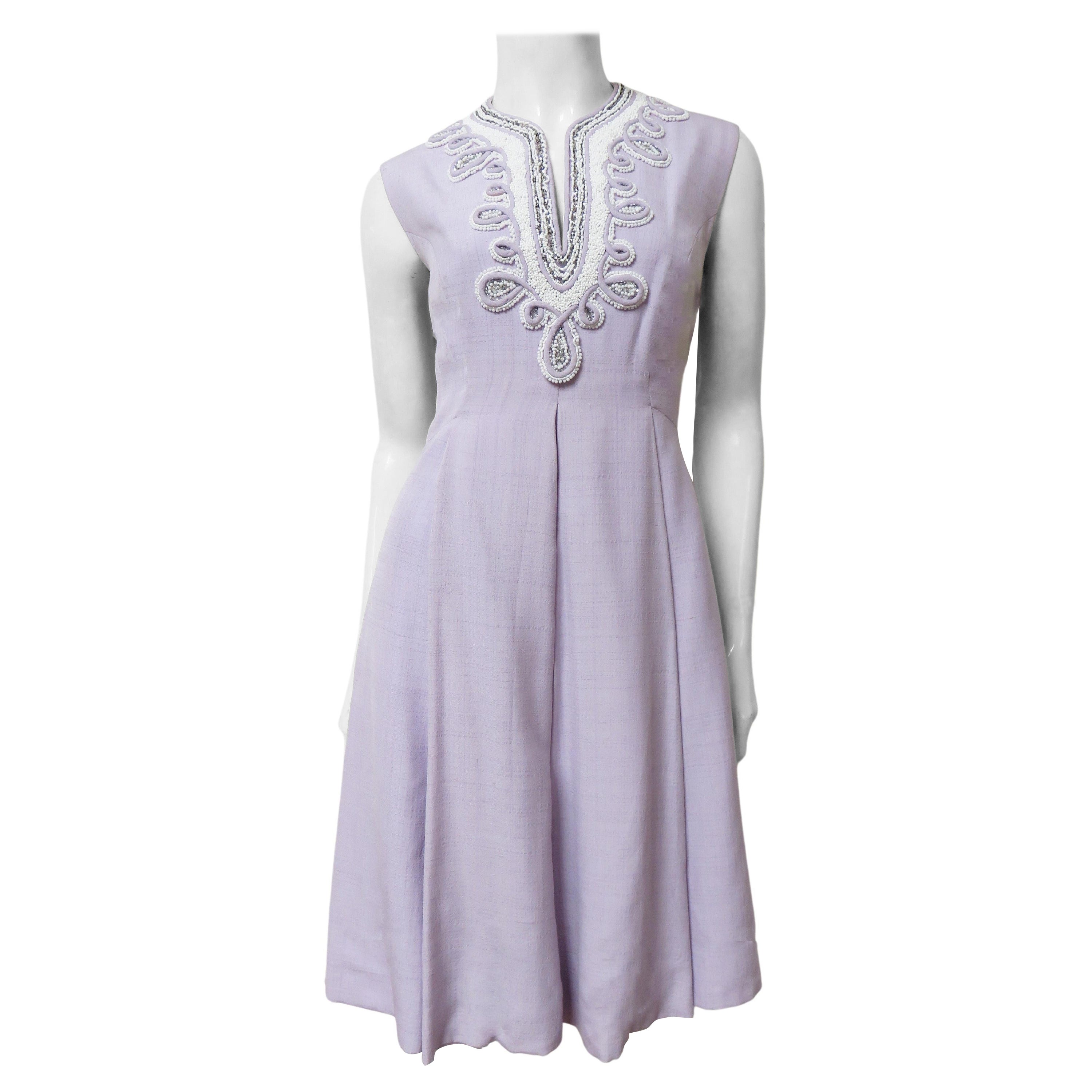 1960s Bead Trim Lavender Silk Dress  For Sale
