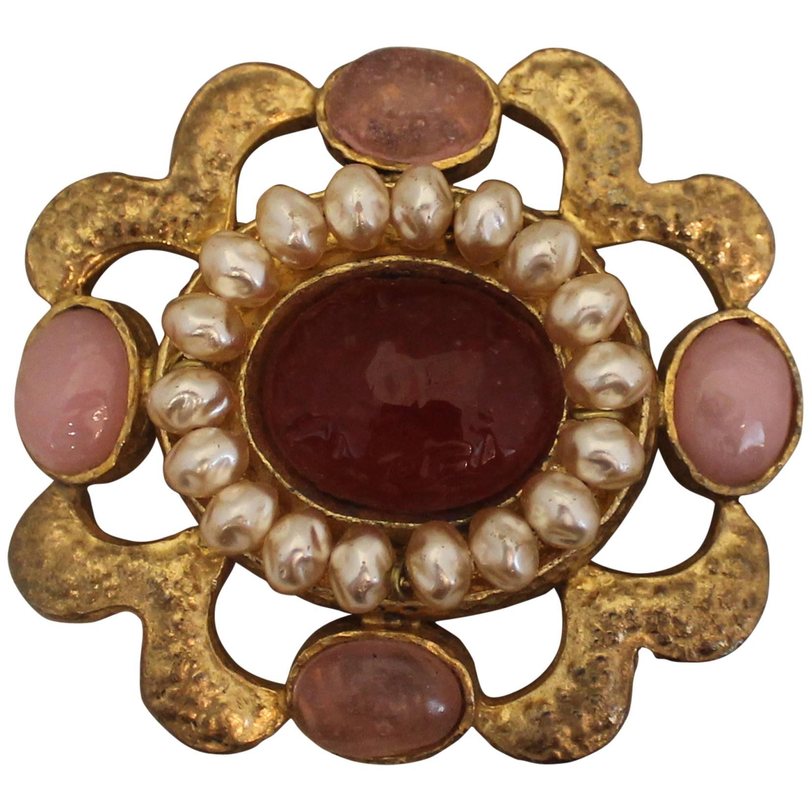Chanel Vintage Gold Brooch & Pendant with Pink Gripoix & Pearls - circa 94P