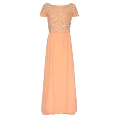 1960’s Peach Crepe Full Length Couture Dress with Beaded Bodice