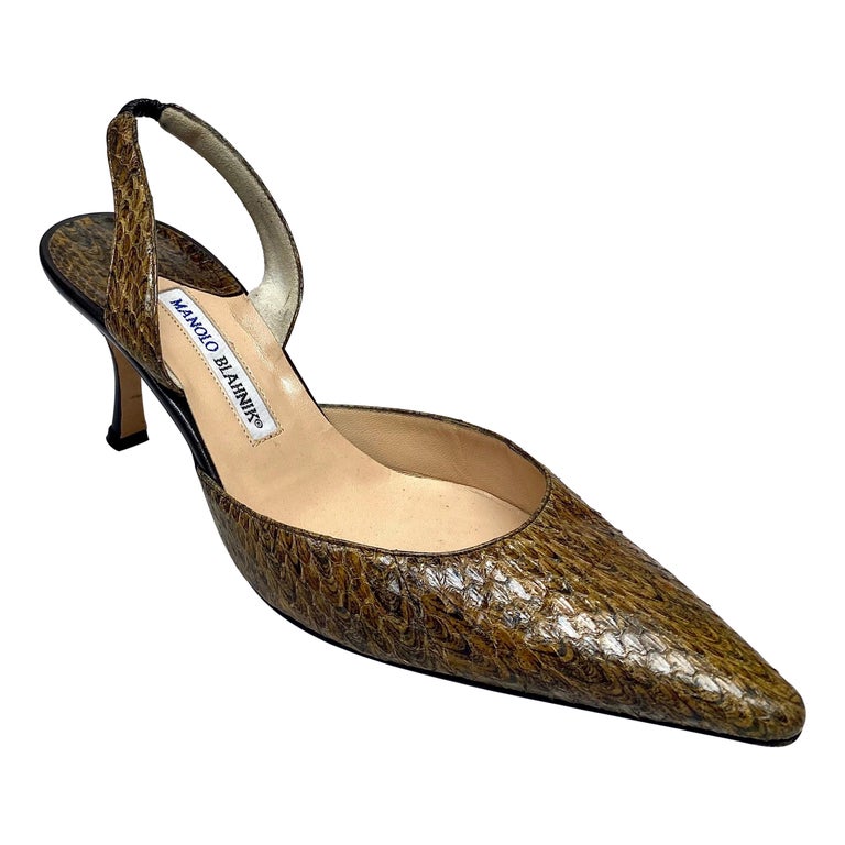 Manolo Blahnik Olive Snake Carolyne Slingback Pumps - Size 39 For 