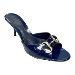 Gucci Vintage Navy Patent Heeled Slides with Silver Buckle Size 9