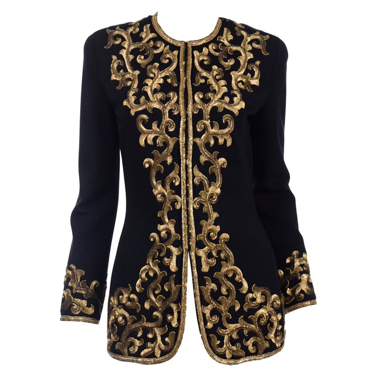 Donna Karan Vintage Black Beaded Embroidered Gold Stacked Sequin Jacket For Sale