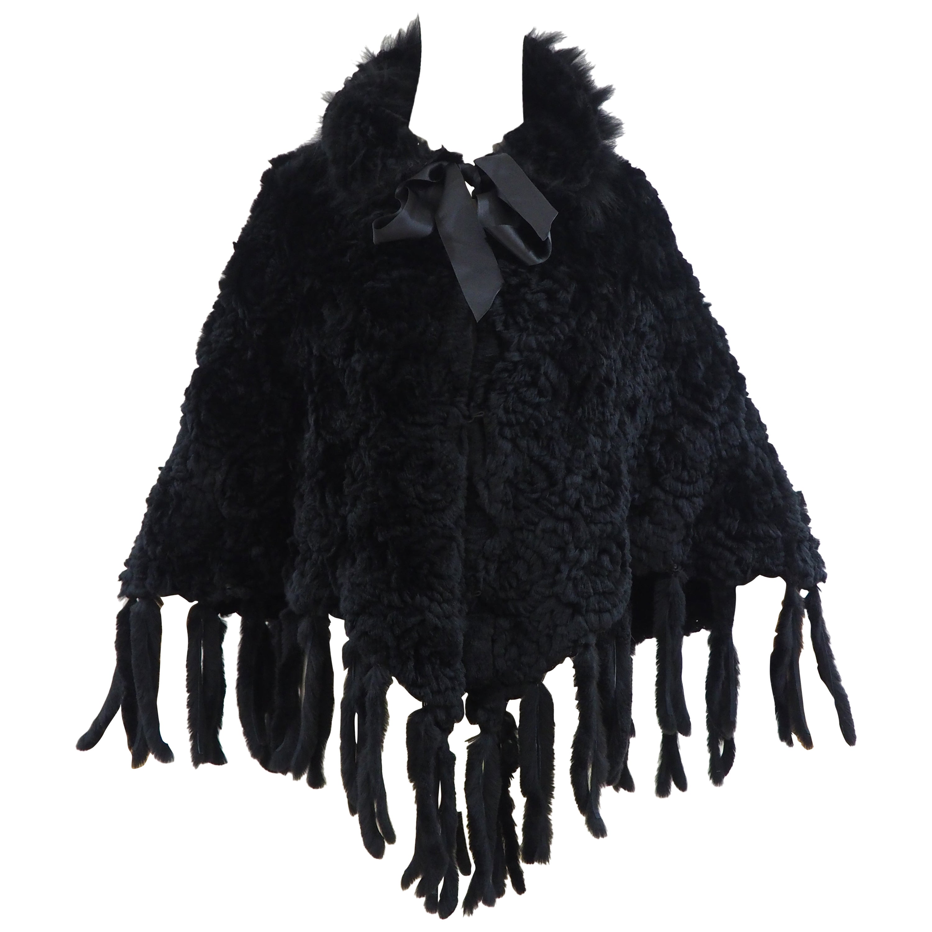 Black lapin fur fringes jacket cape For Sale