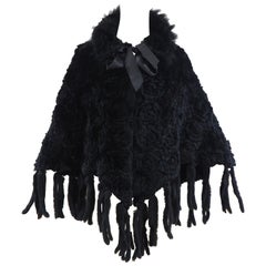 Retro Black lapin fur fringes jacket cape