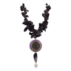 Vintage purple stones pendant charm with white pearl necklace
